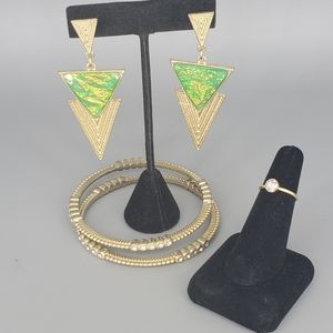 Goldtone Green Triangle Earrings, Goldtone Bangles and Goldtone Ring